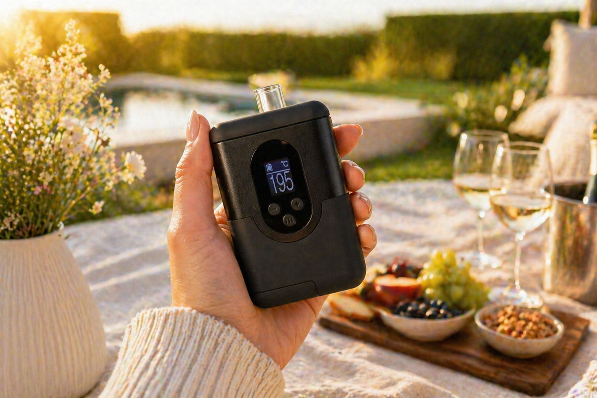 Arizer Argo in Frauenhand vor einem Pool, beim gemütlichen Picknick