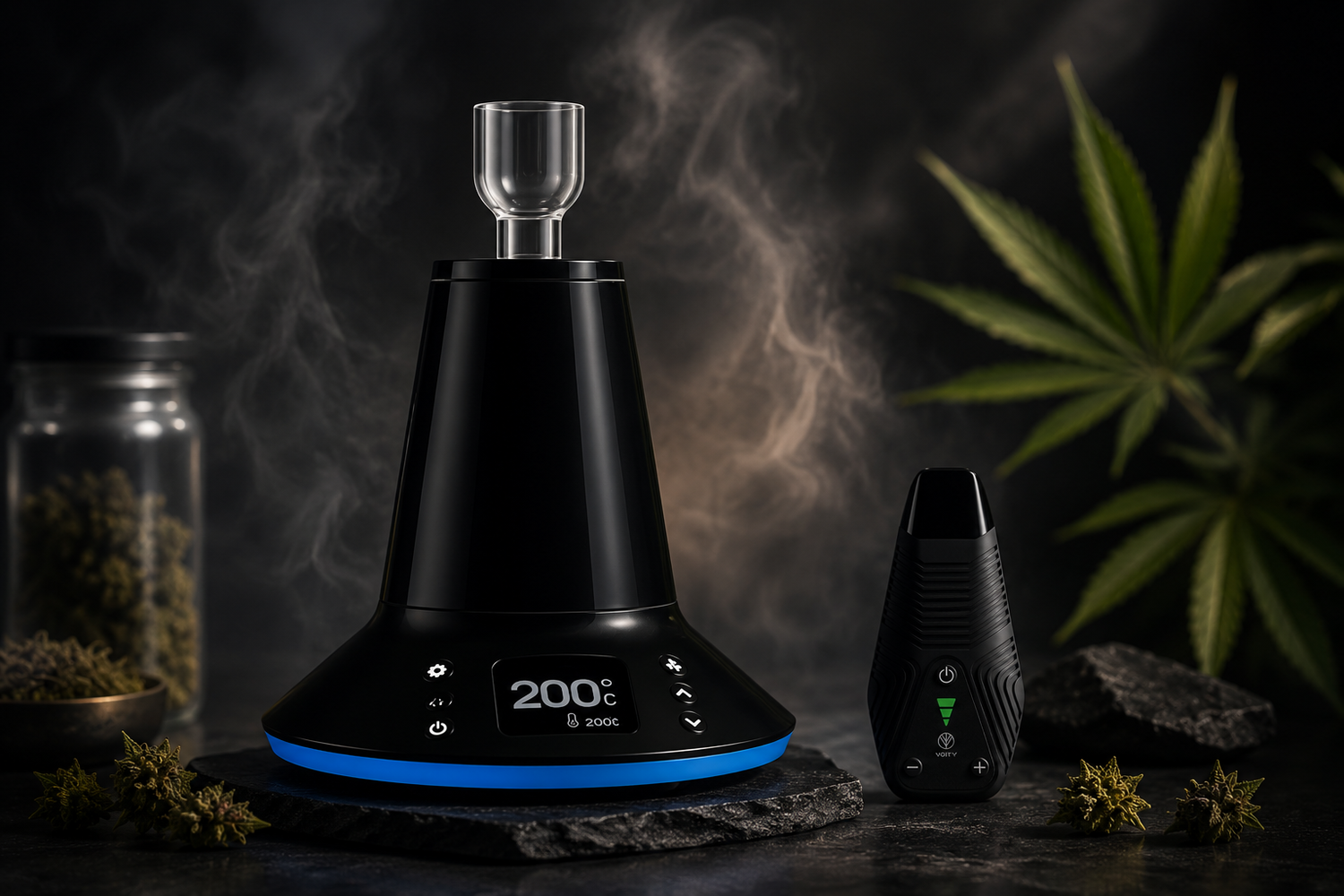 Portabler Vaporizer und Tischvaporizer mit Cannabisblüten und dunklem Hintergrund