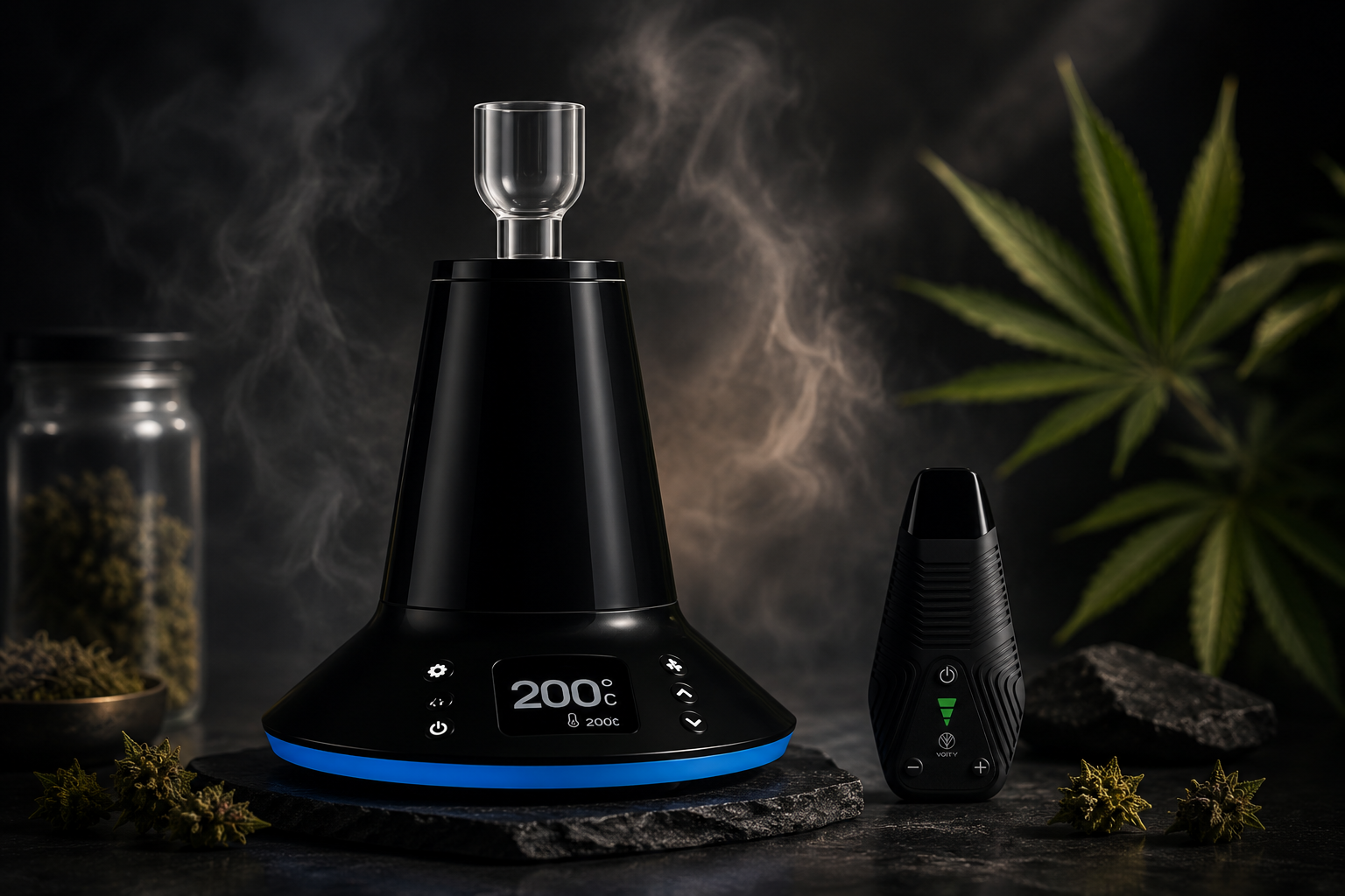 Portabler Vaporizer und Tischvaporizer mit Cannabisblüten und dunklem Hintergrund