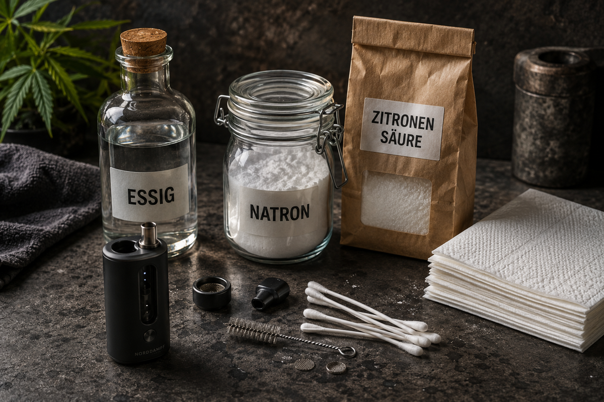 Natron, Zitronensäure und Seifenwasser mit Reinigunsutensilien