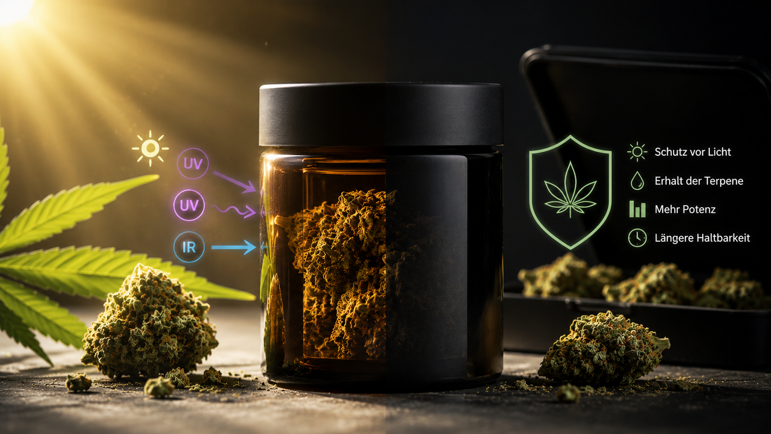 Cannabis in verdunkeltem Glas und Blüten