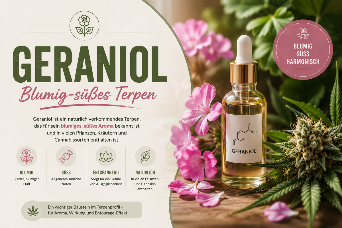 Terpen, Fläschchen, Blumen und Erklärungen