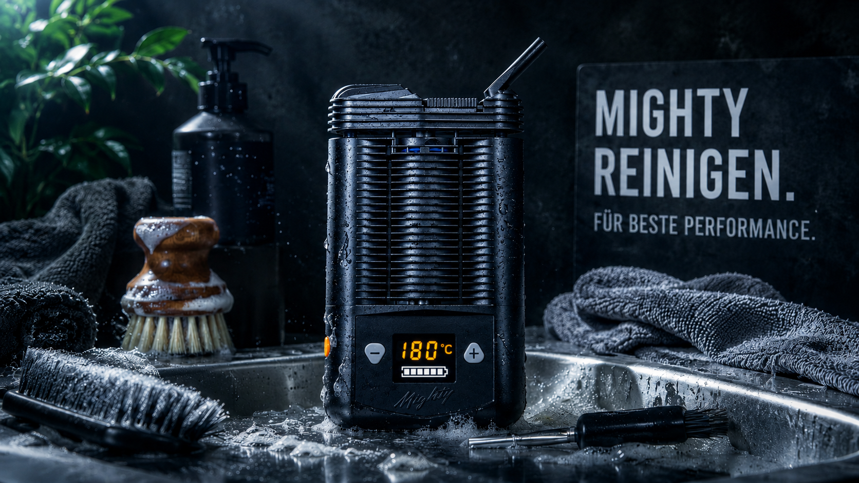 Mighty an einem Waschbecken mit Reinigungsutensilien
