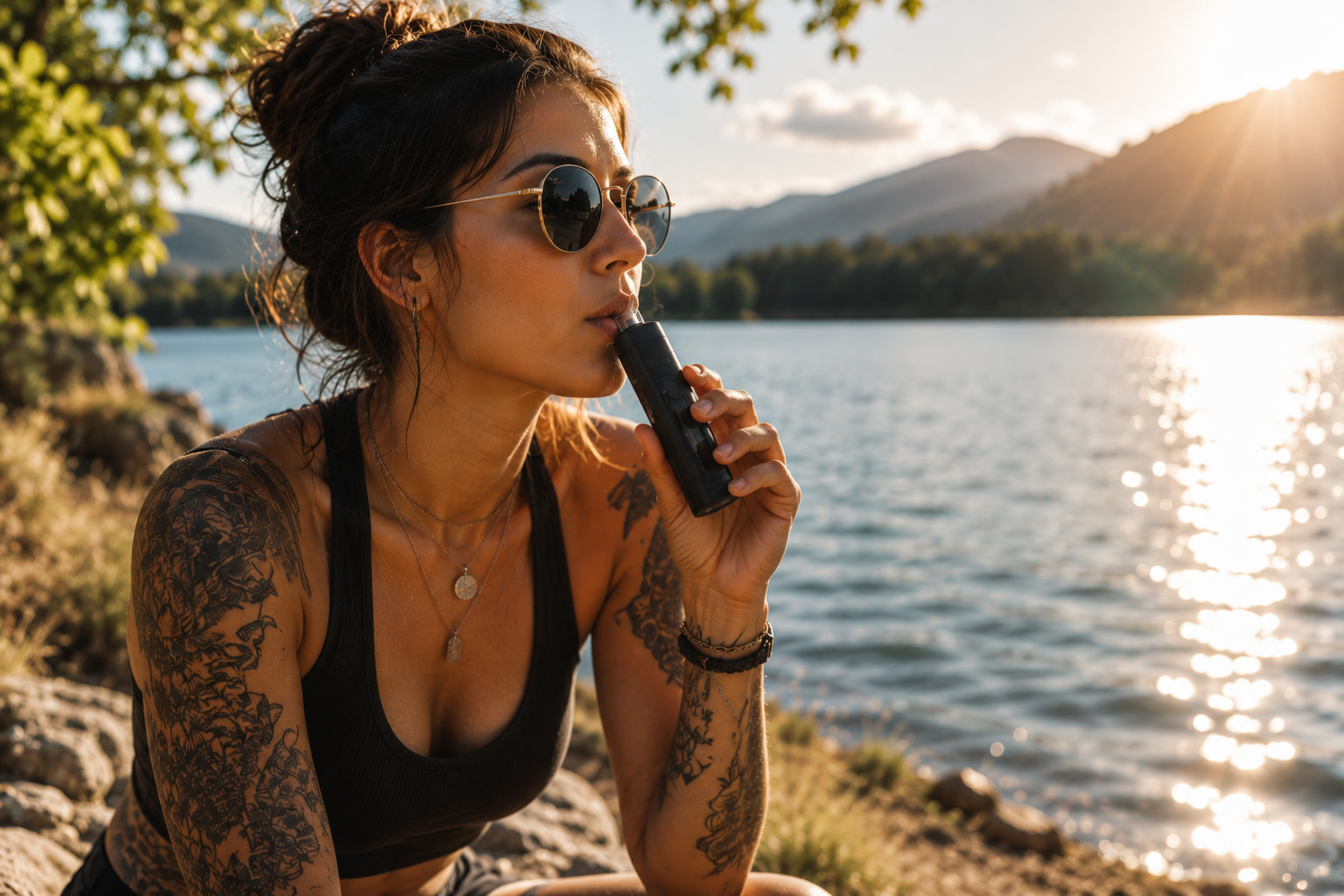 Tätowierte Frau am See, die entspannt an einem Vaporizer zieht