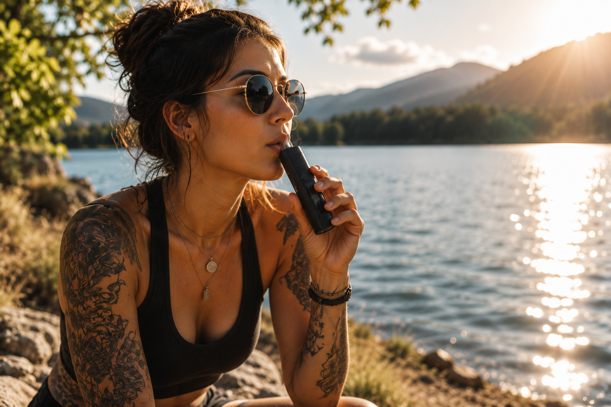 Tätowierte Frau am See, die entspannt an einem Vaporizer zieht