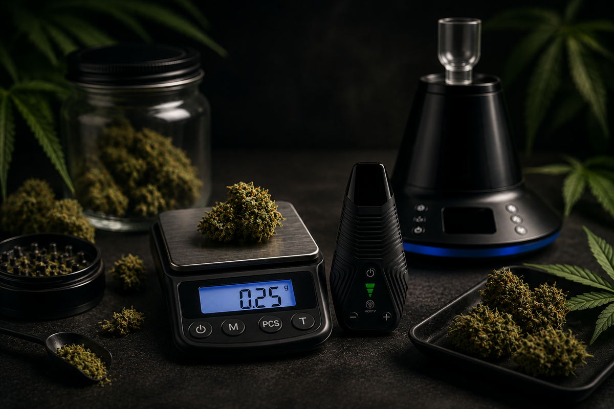 Waage, Cannabis, Vaporizer und das alles vor einem dúnklen Hintergrund