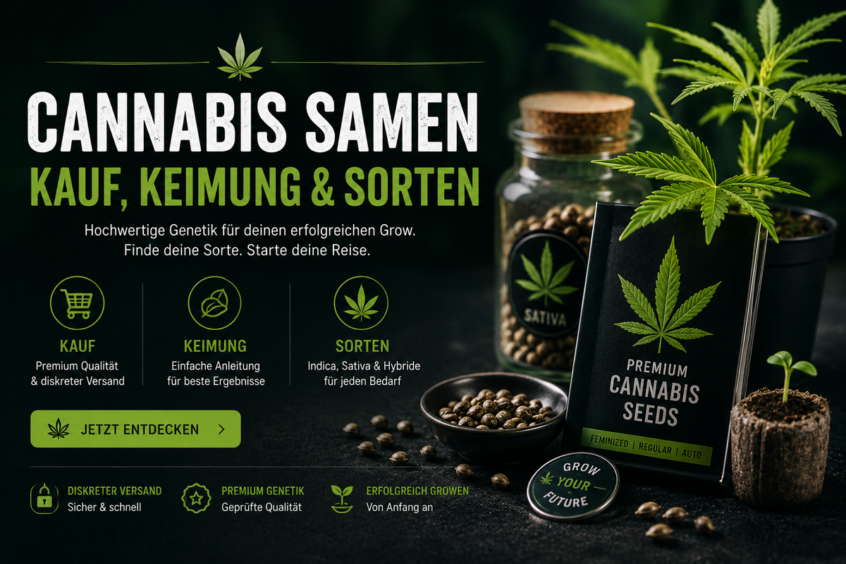Cannabis, Blüten, Gläser, Samen