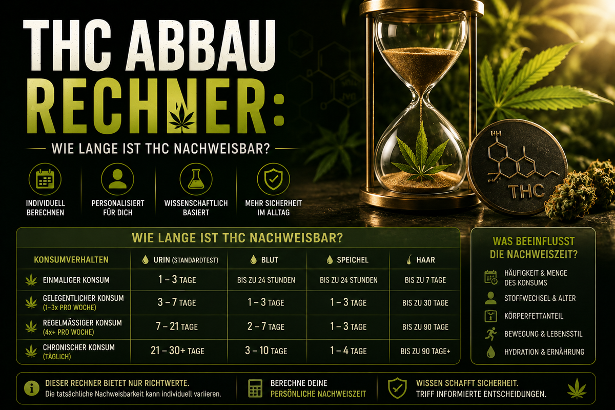 THC Abbau Rechner und Daten, Sanduhr, Pflanzen, Blüten