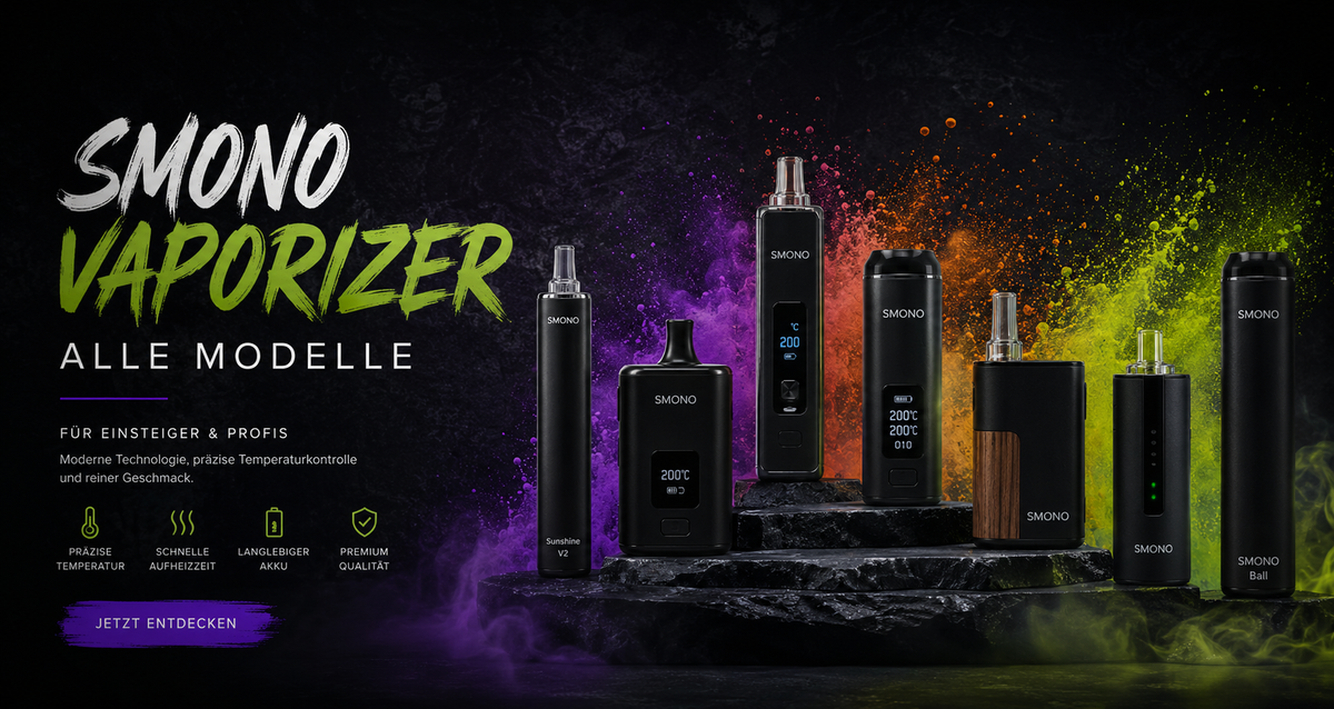 Smono Vaporizer, Wording, dunkler Stein, bunter Hintergrund