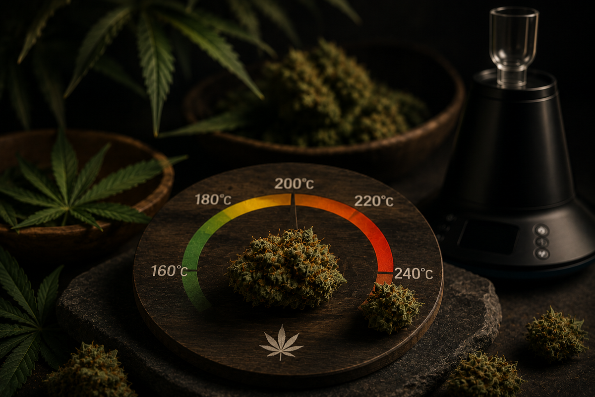 Temperaturanzeige, Cannabis, Vaporizer vor Cannabispflanzen