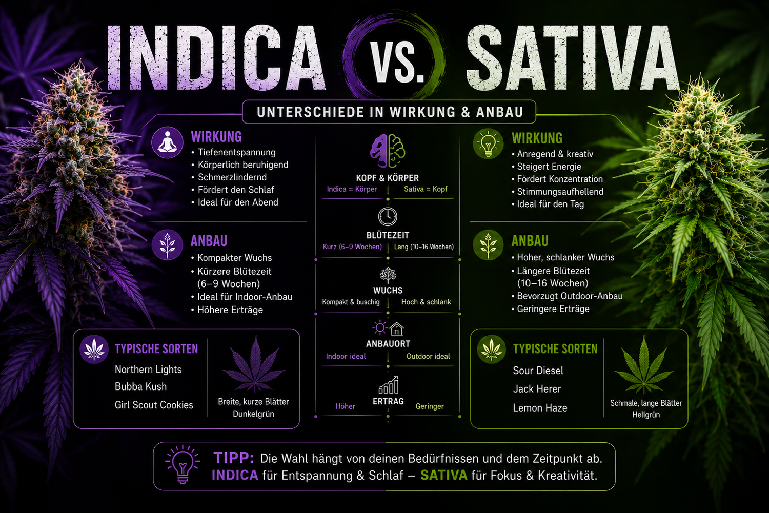 Indica, Sativa, Blüten, Beschreibung, Eigenschaften