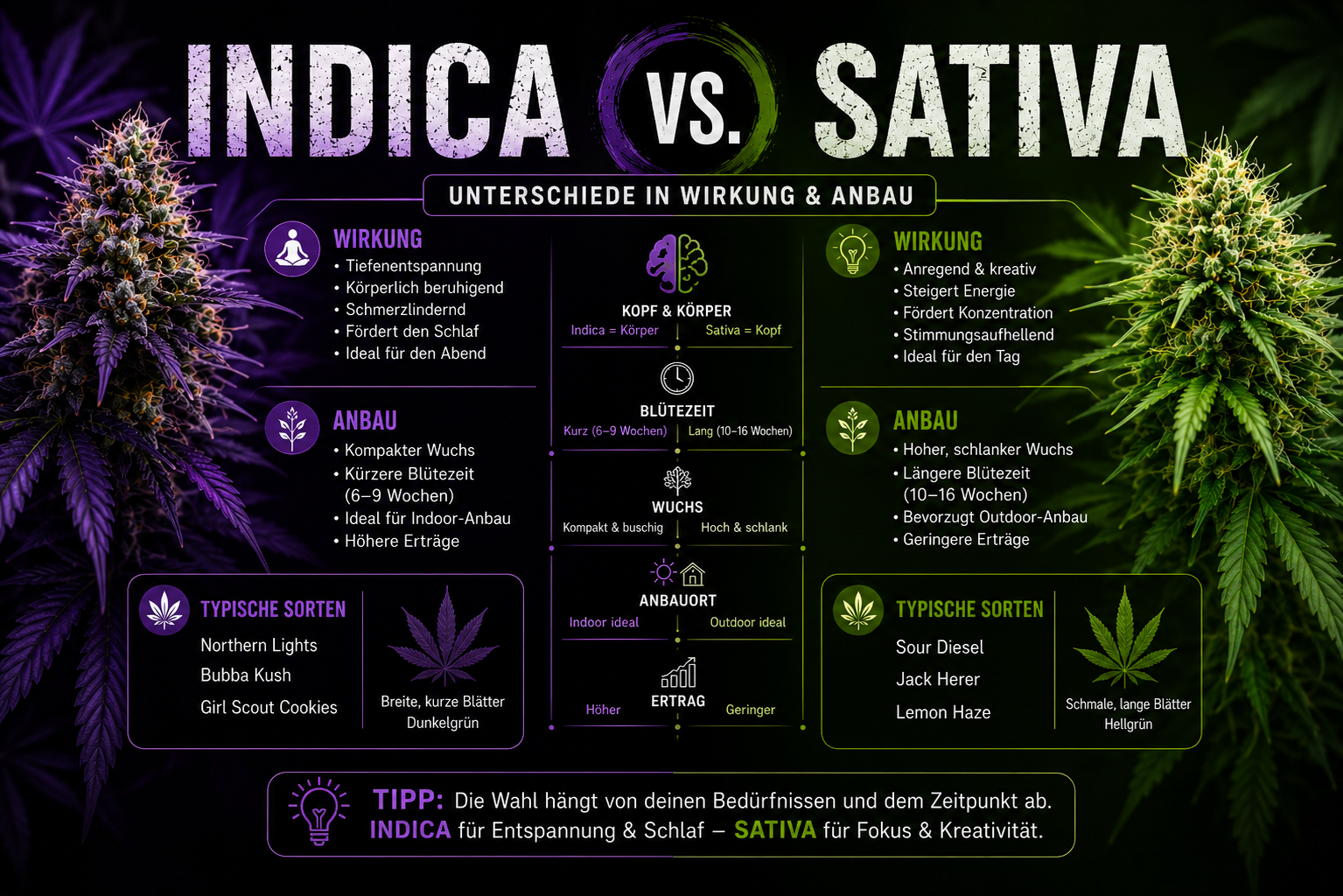Indica, Sativa, Blüten, Beschreibung, Eigenschaften