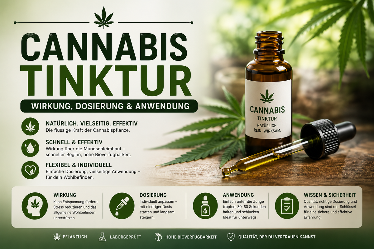 Tinkturfläschchen, Cannabispflanze, Erklärungen