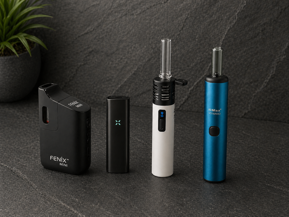 Vaporizer auf schwarzer Steinplatte vor einer Pflanze