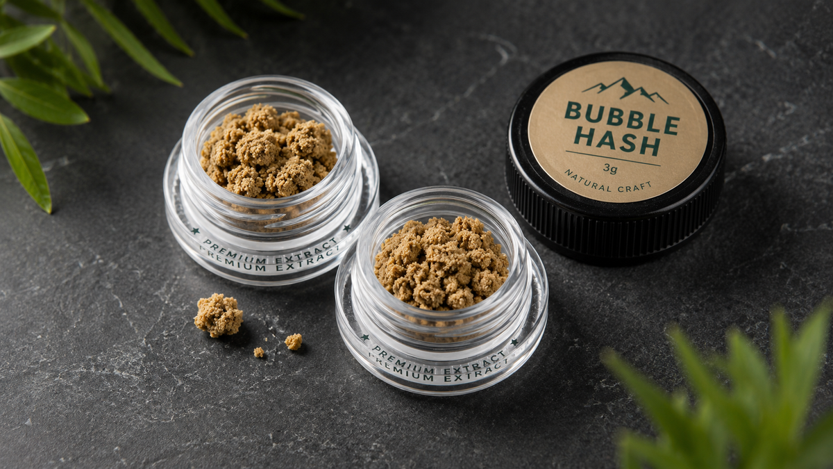 Bubble Hash Döschen, Cannabispflanzen, Blüten