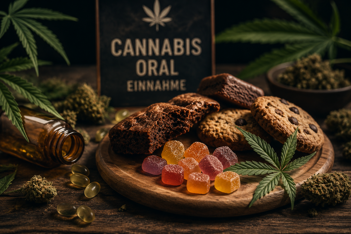 Edibels auf einem Teller, Cookies und Gummibärchen mit Cannabisblüten