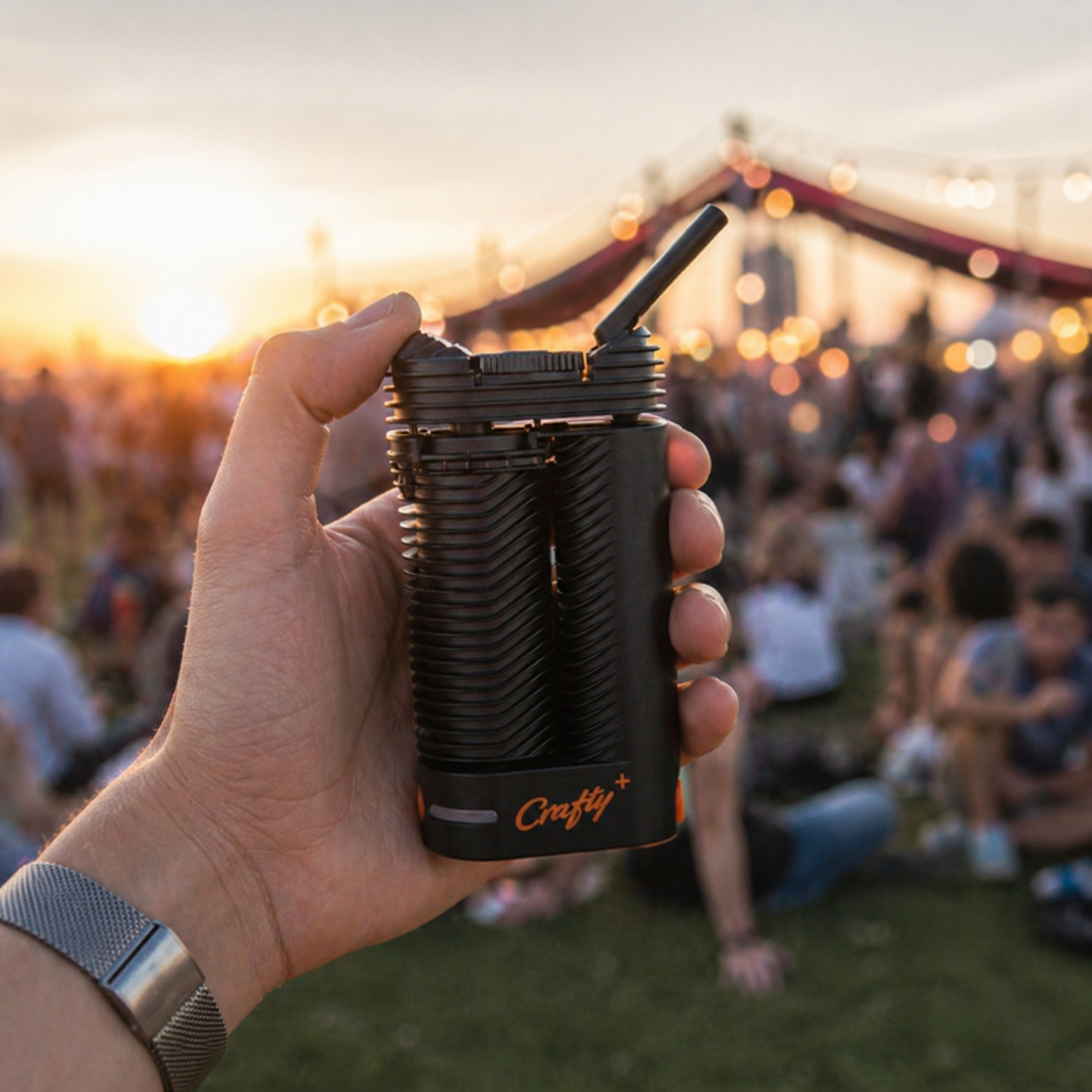 Crafty+ in einer Männerhand auf einem Sommerfestival in der Dämmerung