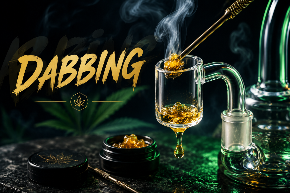 Dabbing, Cannabispflanze, Qualm, grün dunkler Hintergrund
