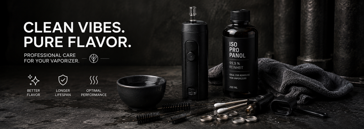 Reinigungsutensilien für die große Vaporizerreinigung, auf schwarzem Stein, industrieller Look