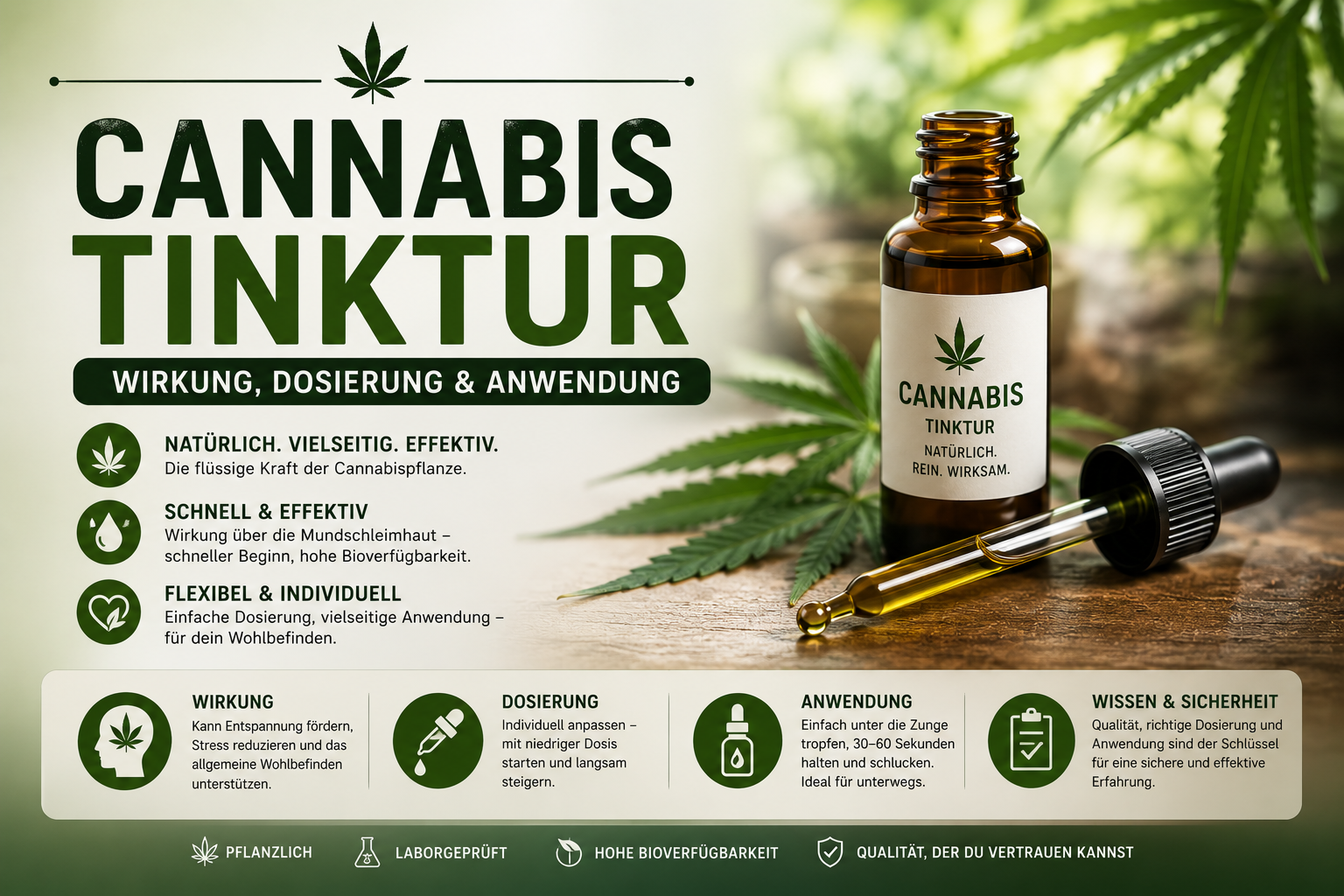 Tinkturfläschchen, Cannabispflanze, Erklärungen