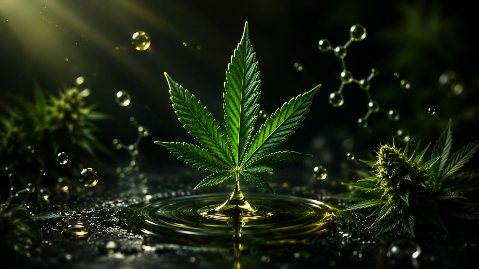 Cannabisblüte in Wasser und Tropfen im Hintergrund