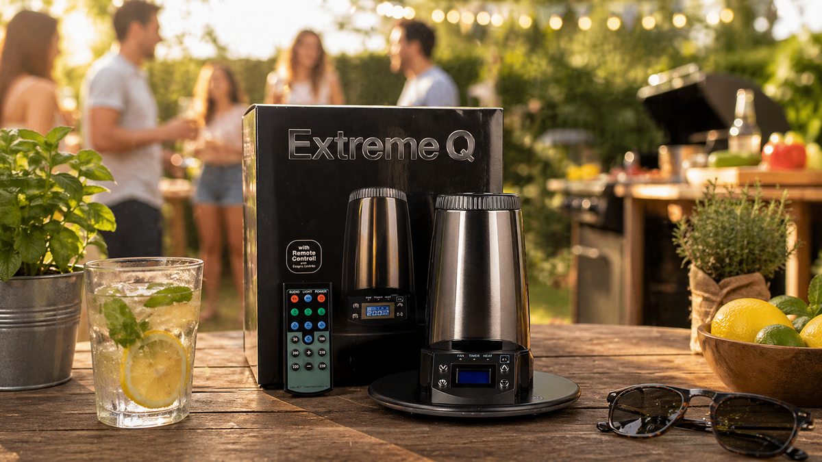 Arizer Extreme Q in Verpackung auf einer Gartenparty mit Drink und Menschen im Hintergrund. 