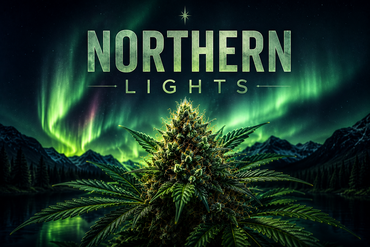 Northern Lights, grüner Hintergrund und Cannabisblüte