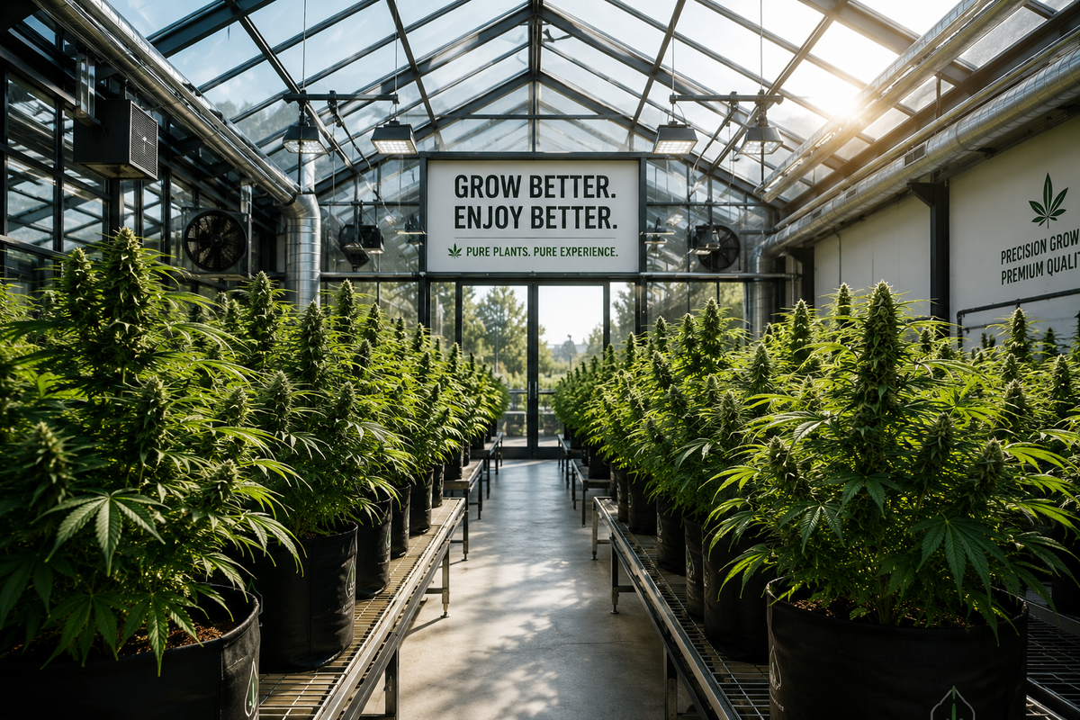 Cannabispflanzen, Gang, Licht und ein Schild